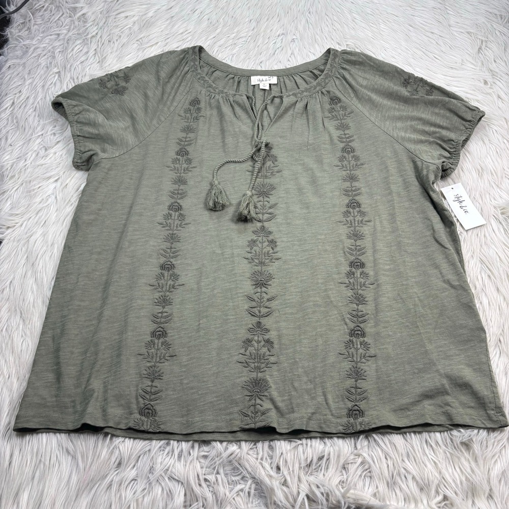 NWT Style & Co Women's XL Green Floral Embroidered Peasant Top Boho Artsy